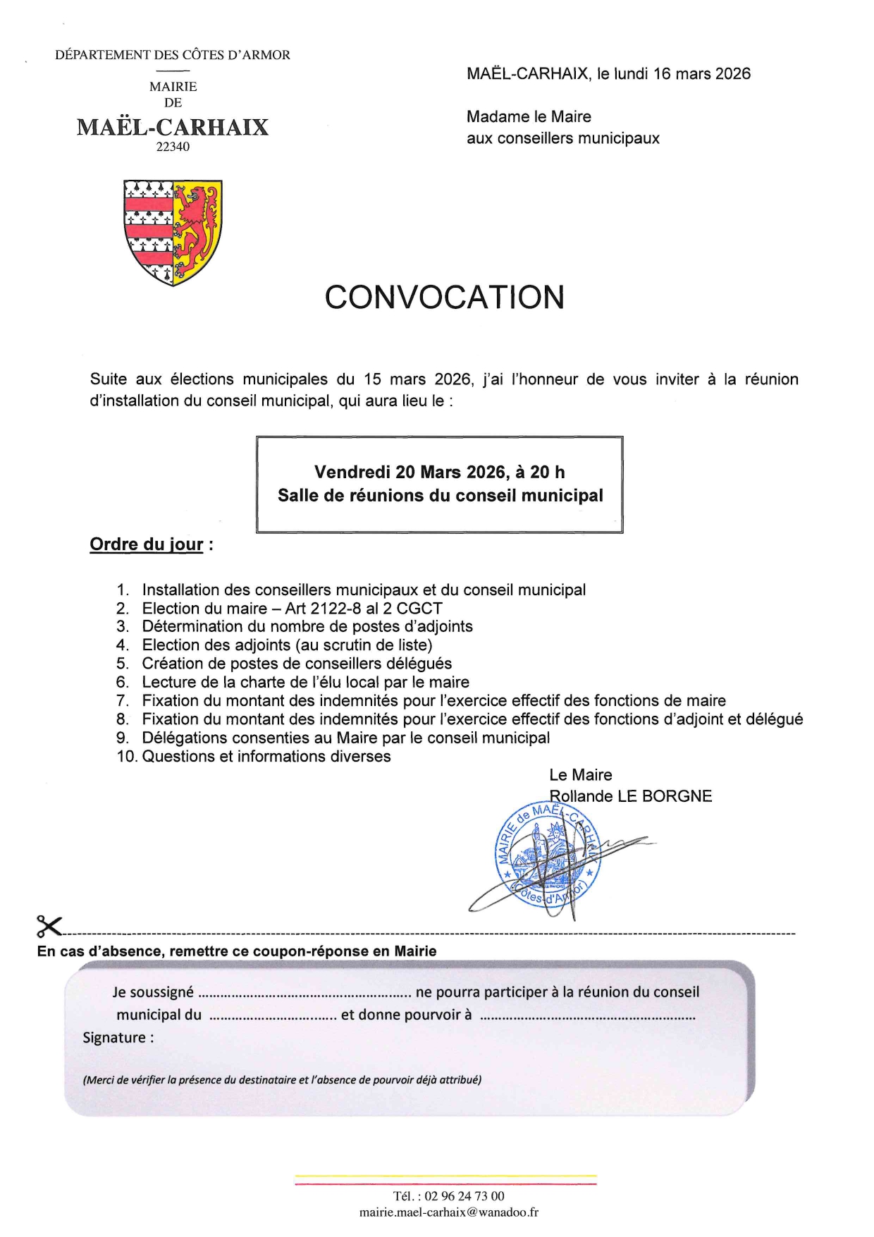 Réunion d'installation du nouveau conseil municipal - 20 mars 2026